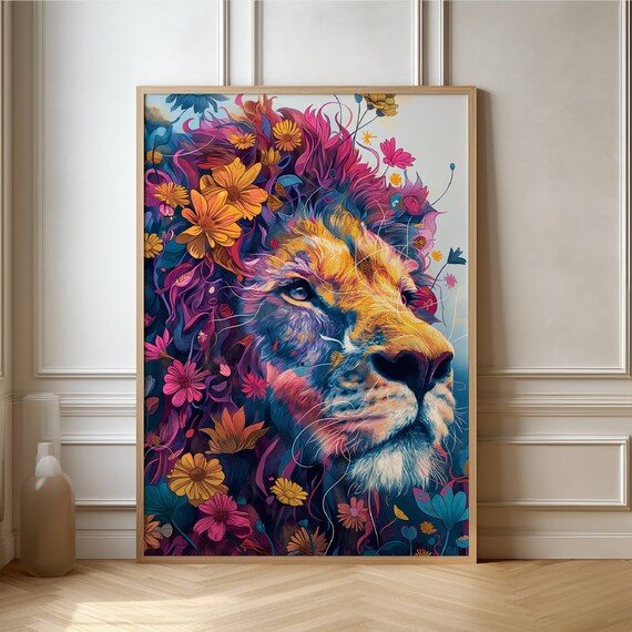 Lion Profile Portrait With Pink Floral Mane Colorful Art Poster