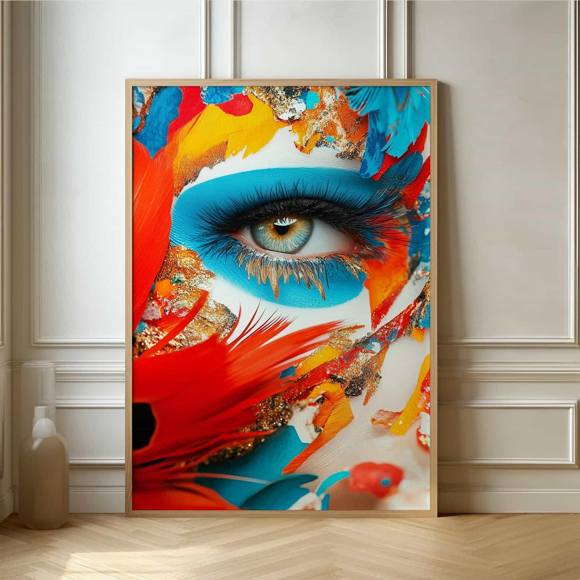 Macro Eye with Blue Shadow and Feathers Vibrant Modern Art Poster