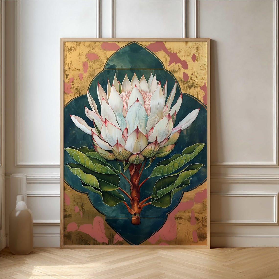 Majestic White King Protea Gold Leaf Ornate Botanical Art Poster