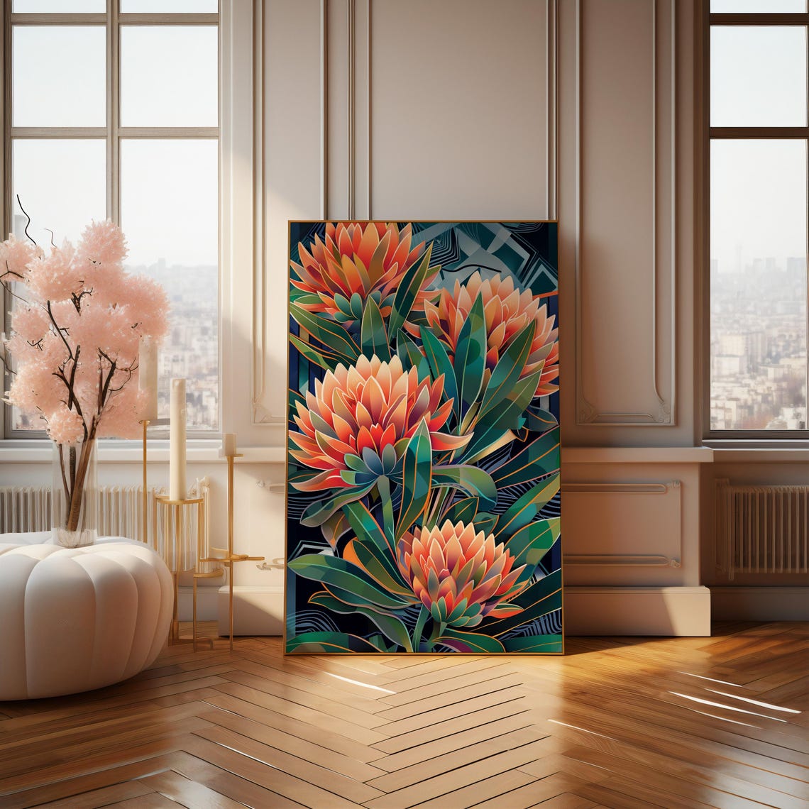 Glowing Orange King Protea Art Deco Dark Geometric Floral Poster - Image 4