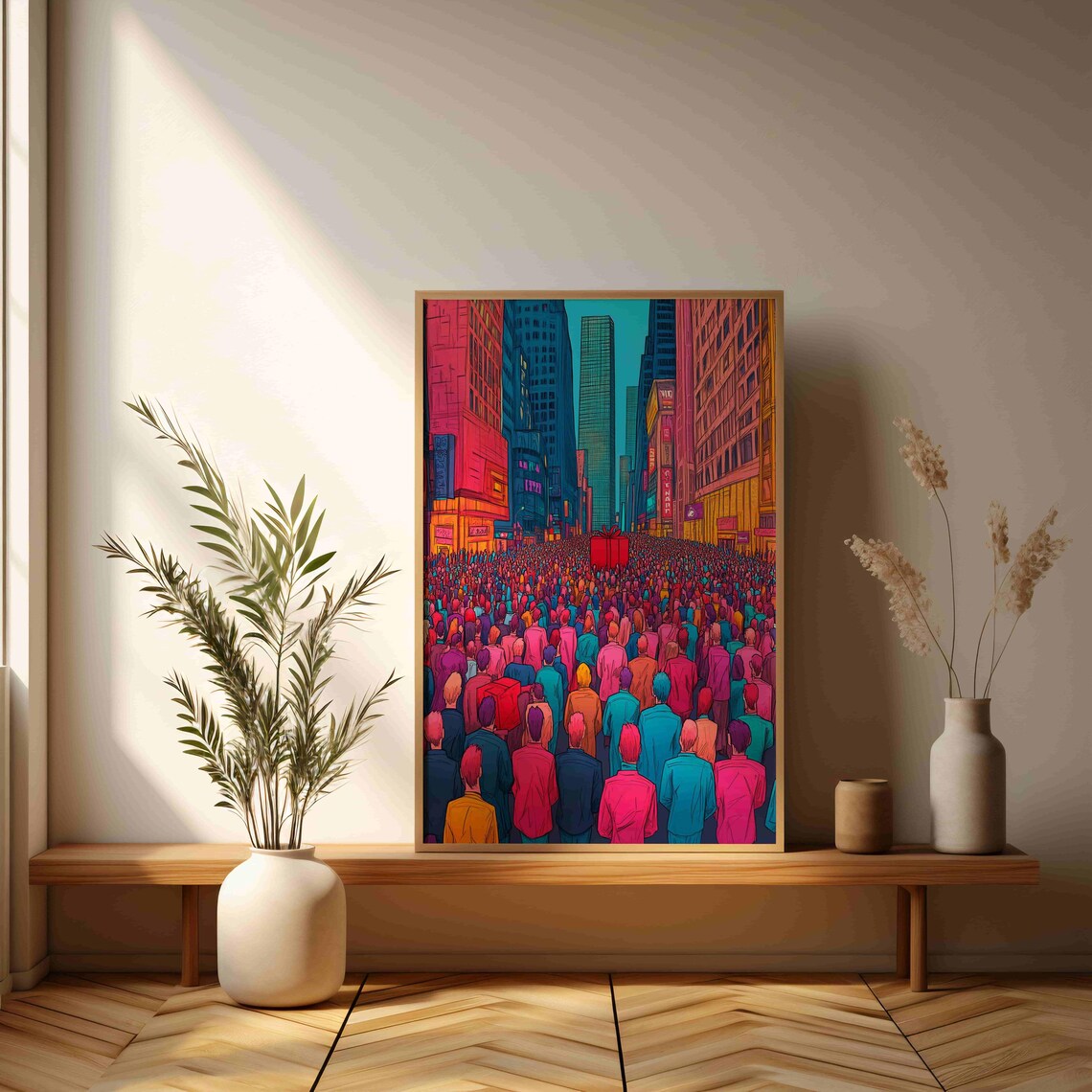Vibrant Pop Art City Street Crowd Neon Colors Illustration Poster - Image 3