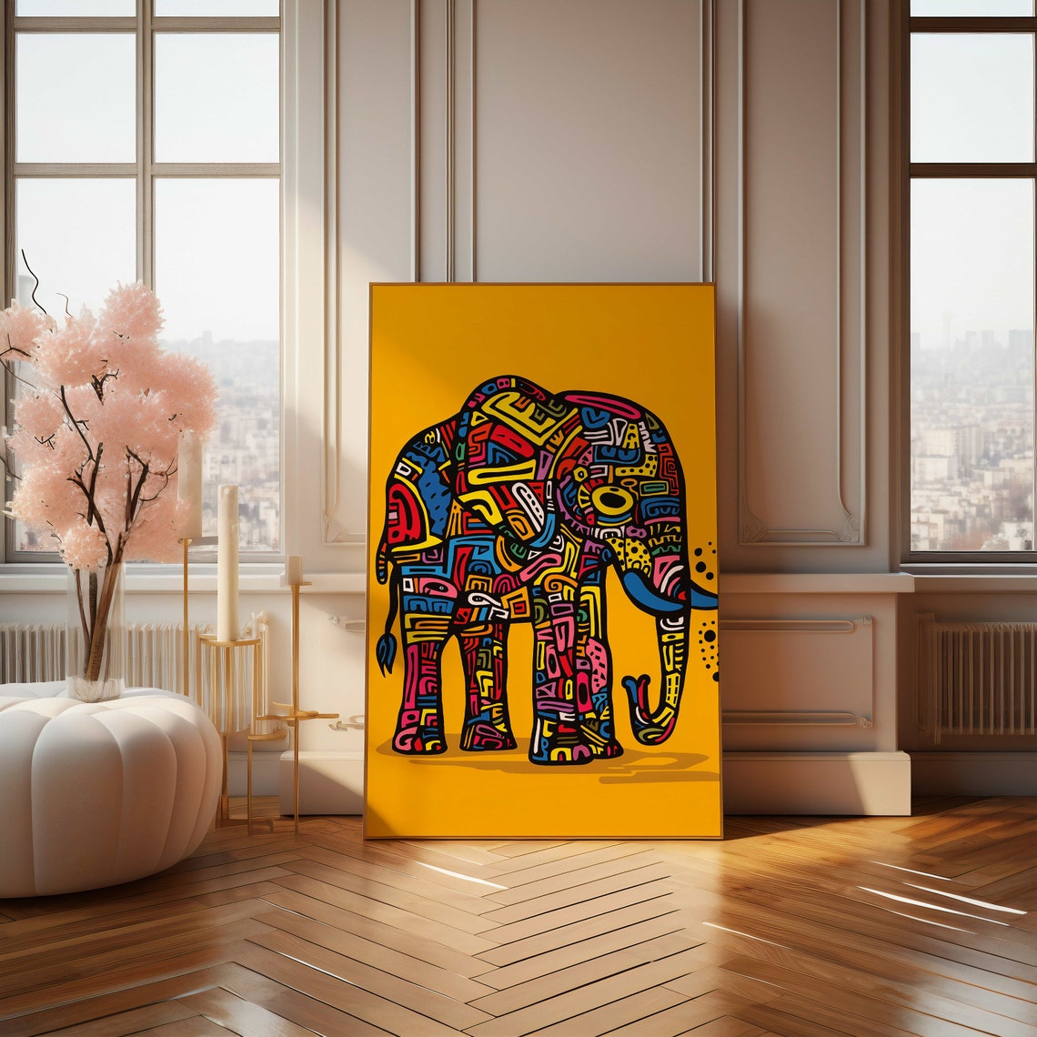 Colorful Patterned Elephant Pop Art on a Yellow Background Poster - Image 4