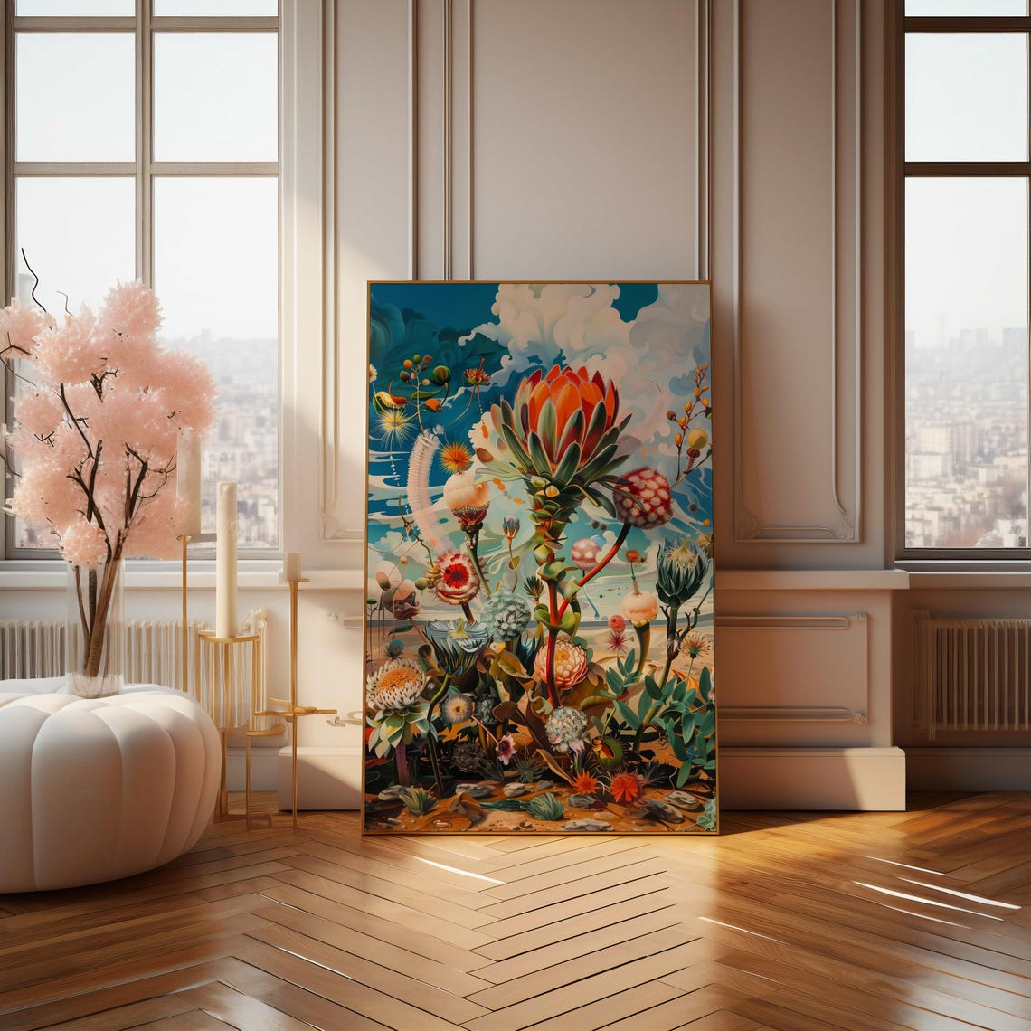 Whimsical Protea Meadow Surreal Bright Blue Sky Fantasy Art Poster - Image 4