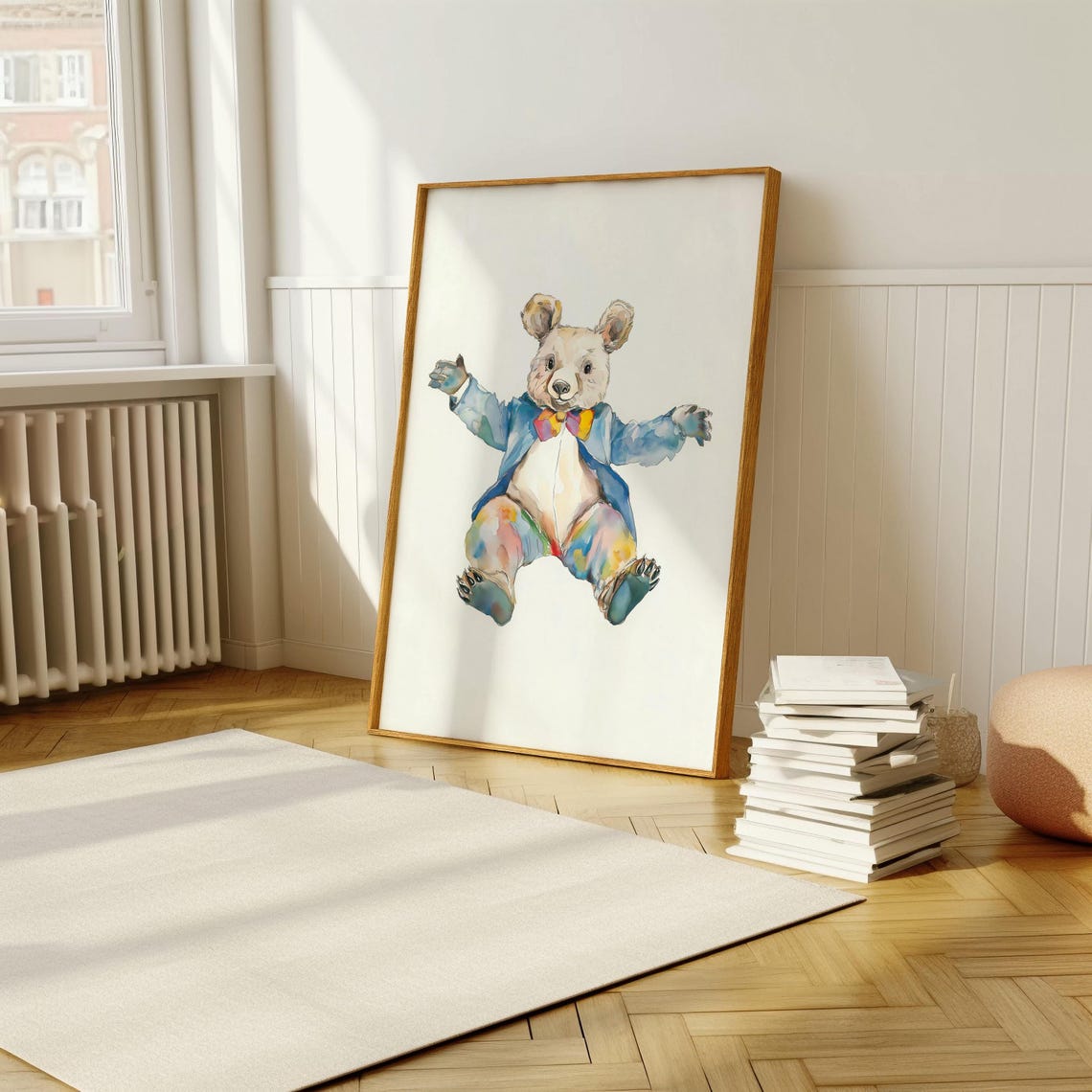 Dancing Bear In Blue Jacket Watercolor Whimsical Nursery Poster - Image 5