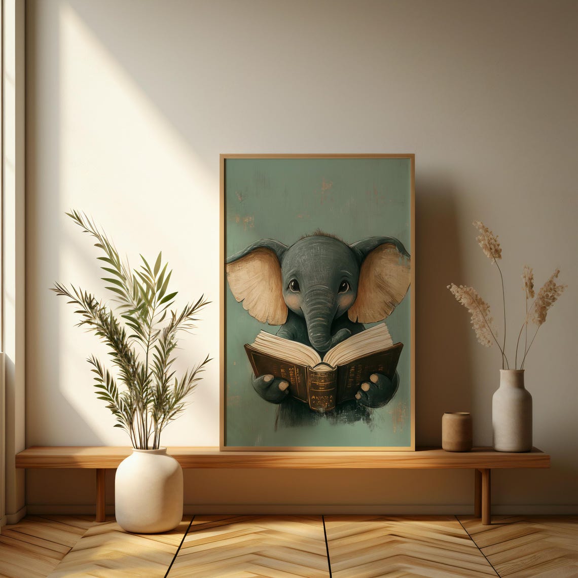 Baby Elephant Reading A Book On Teal Cute Nursery Room Poster - Image 3