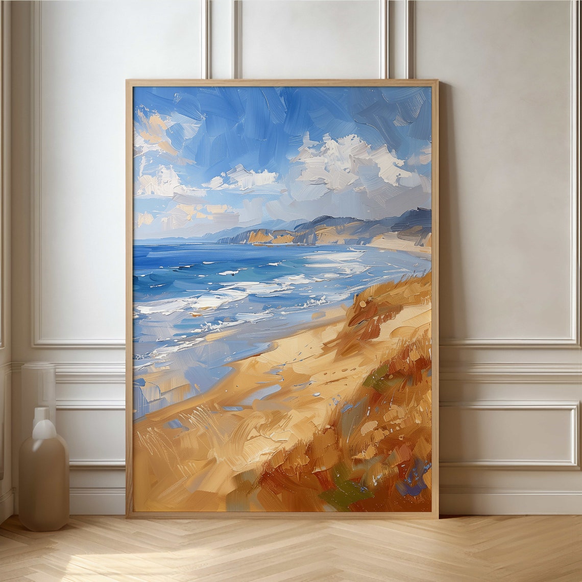 Blue Ocean Waves Crashing On Sandy Shore Coastal Painting Poster