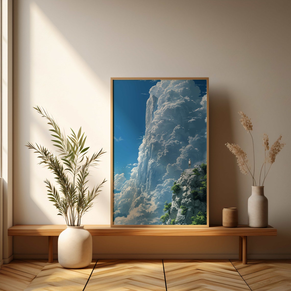 Dreamy Cloud Waterfall Cliffside Anime Sky Landscape Art Poster - Image 3