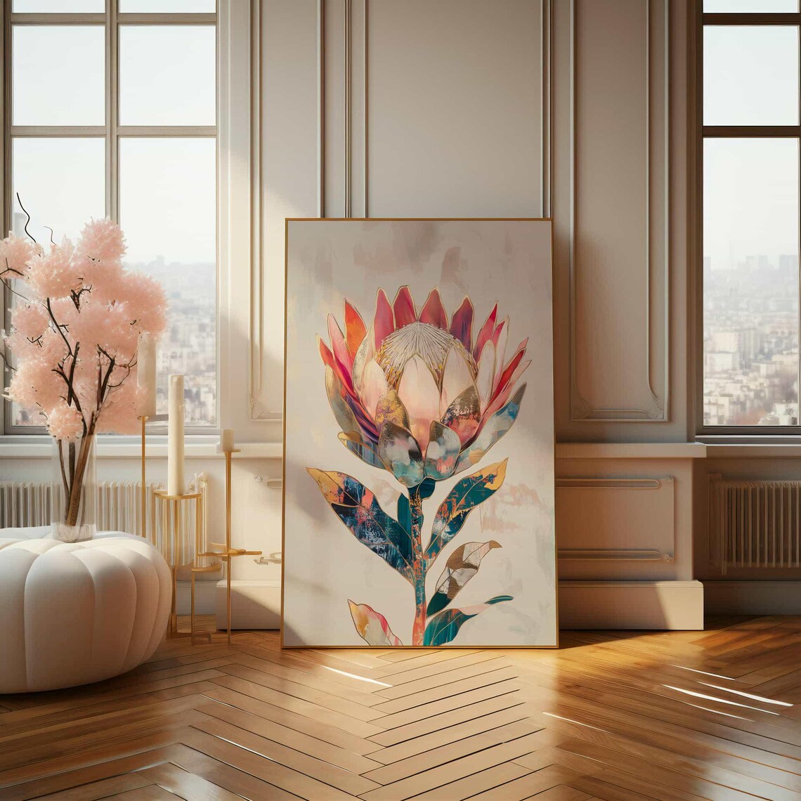 Gold Inlay Protea Flower Art Print, Abstract Botanical - Image 4