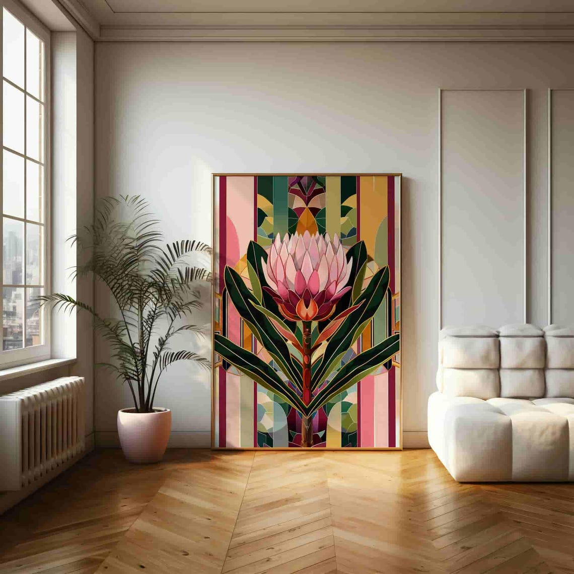 Art Deco Protea with Striped Geometric Background Art Poster - Image 2