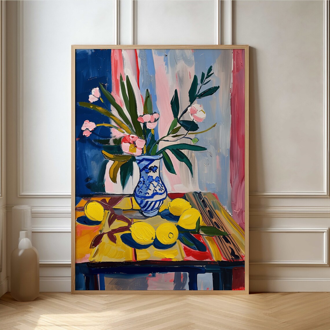 Lemons And Flowers In Blue Vase Colorful Still Life Painting Poster