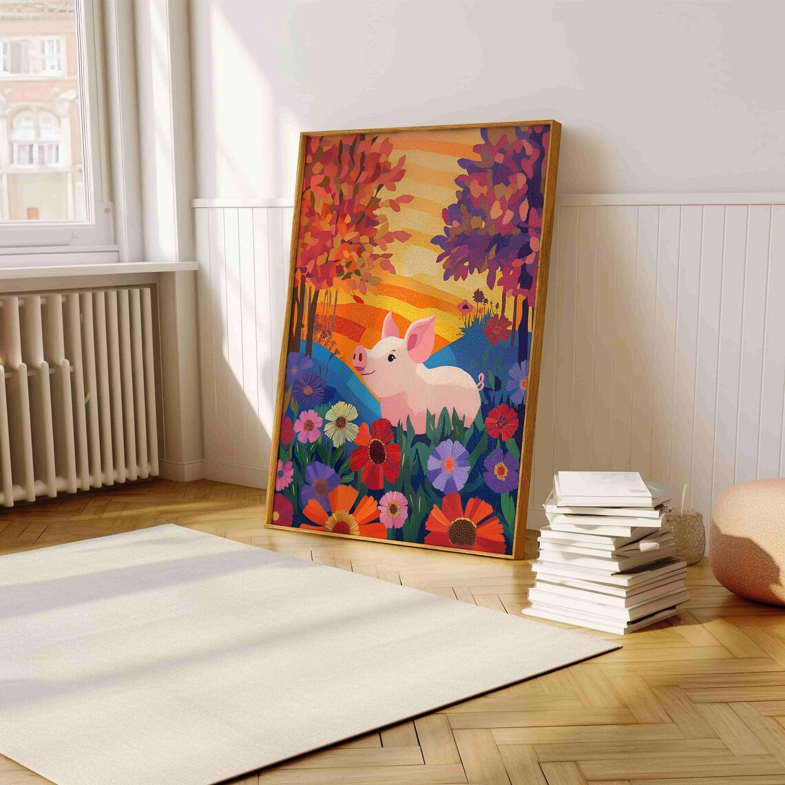 Cute Pink Piglet in Wildflower Meadow Sunset Folk Art Poster - Image 5