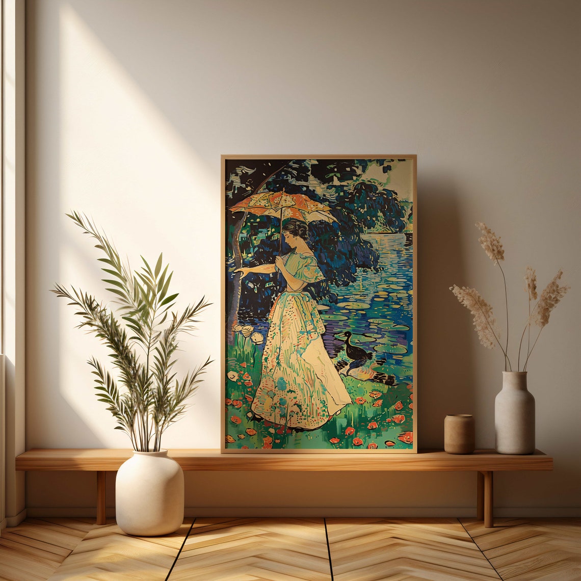 Vintage Lady With Parasol by a Lily Pond Impressionist Poster - Image 3