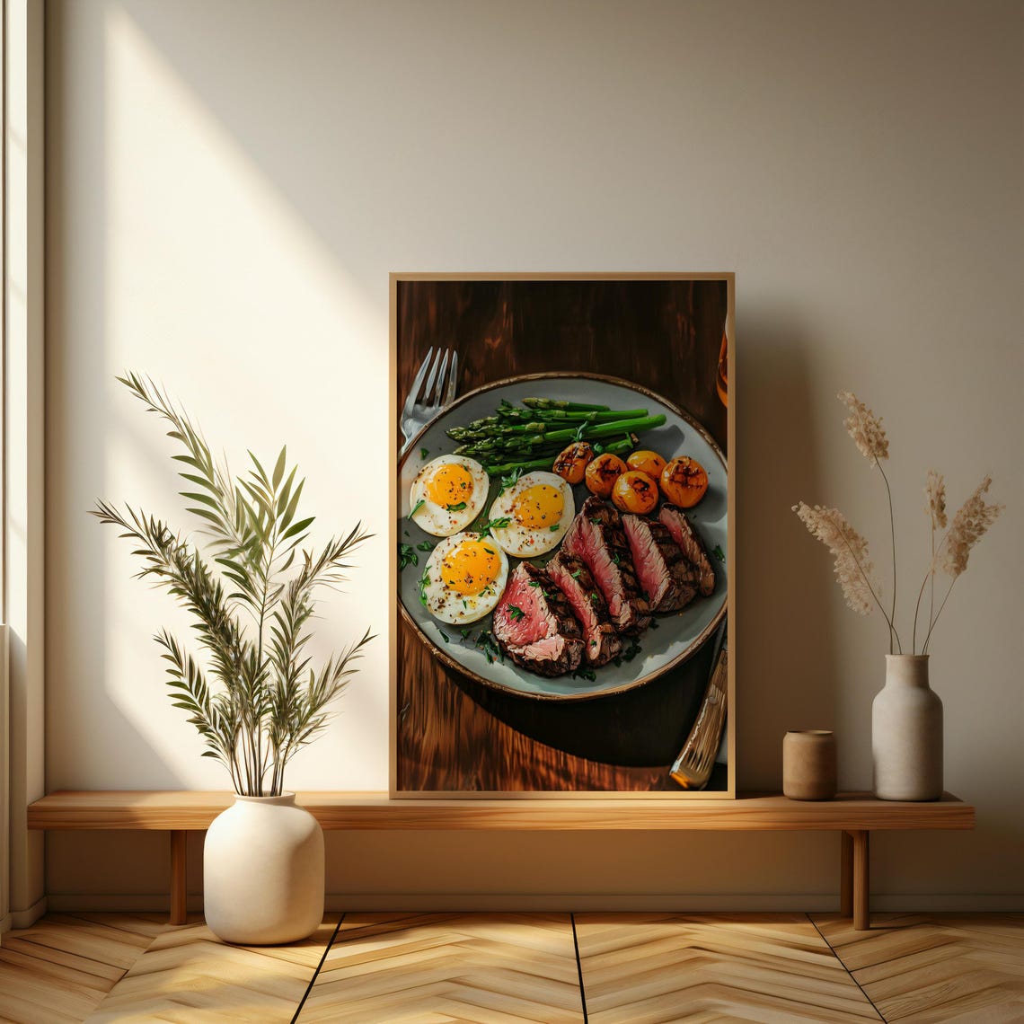 Sliced Steak and Fried Eggs Gourmet Breakfast Plate Art Poster - Image 3