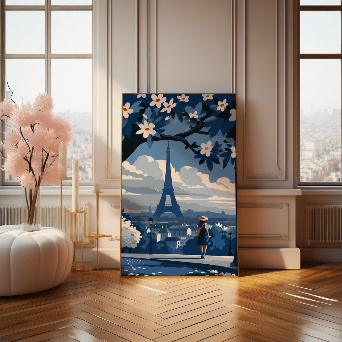 Paris Eiffel Tower View With Woman in Straw Hat Floral Poster - Image 2