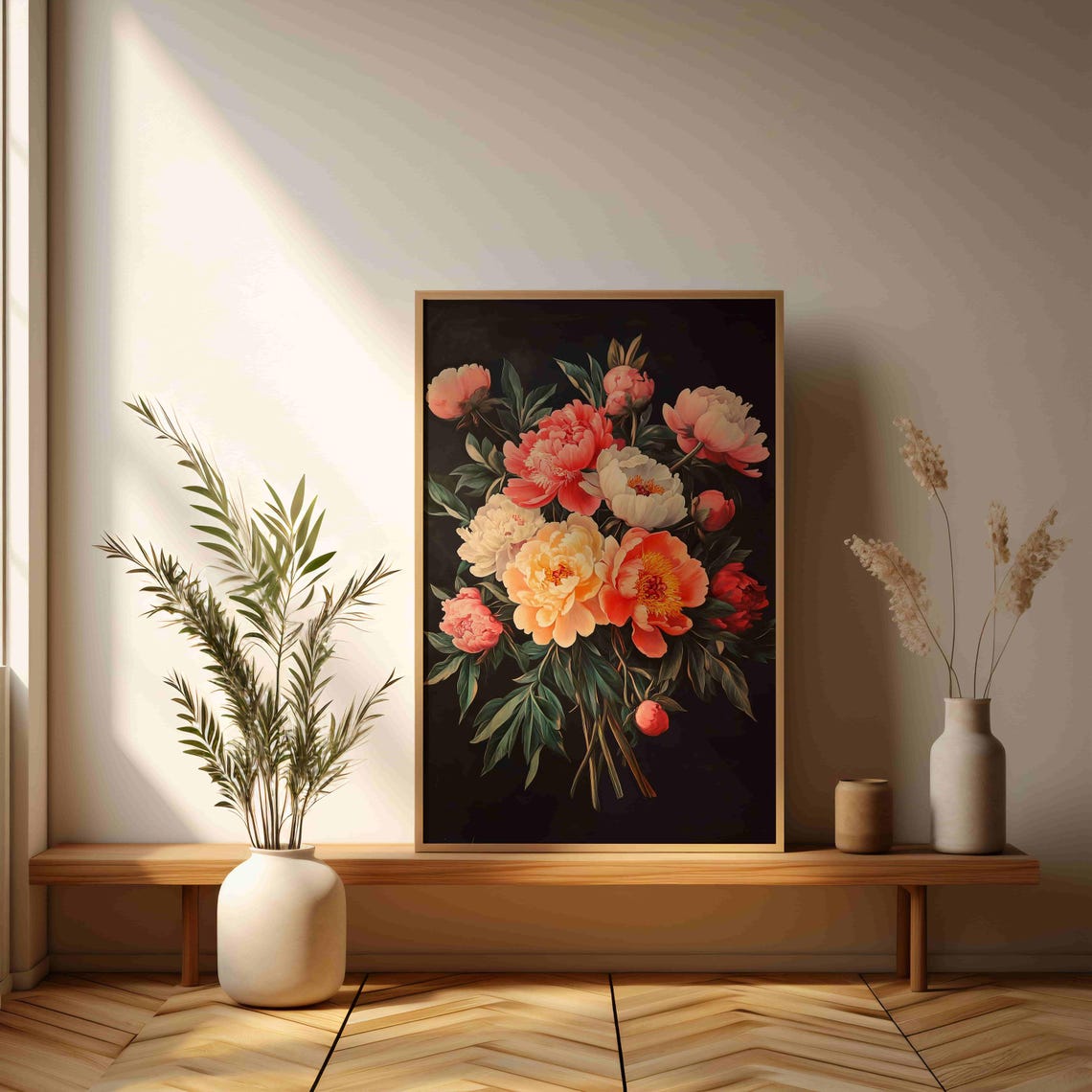 Coral Peony Bouquet On Black Vintage Botanical Still Life Art Print - Image 5