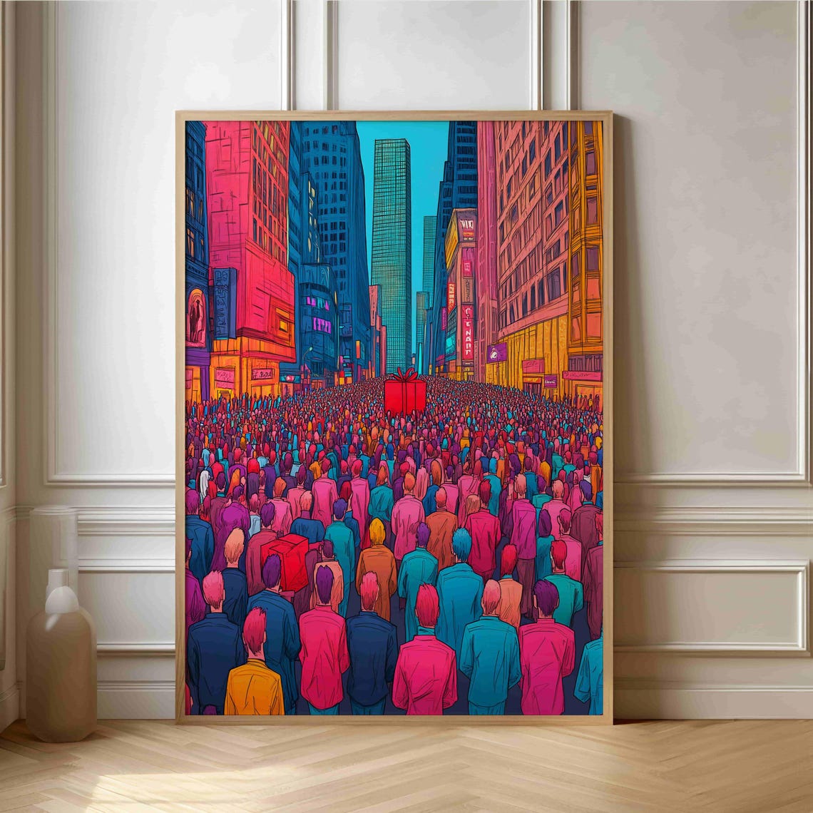 Vibrant Pop Art City Street Crowd Neon Colors Illustration Poster