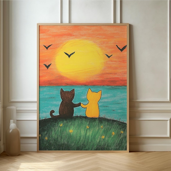 Two Cartoon Cats Watching Sunset By The Sea Naive Art Poster