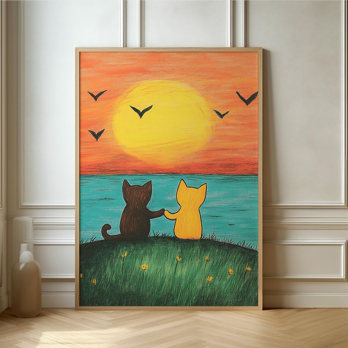 Two Cartoon Cats Watching Sunset By The Sea Naive Art Poster