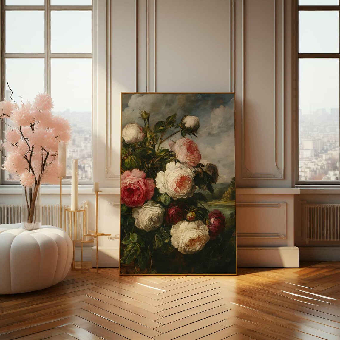 Vintage Oil Painting of Pink and White Roses Against Sky Poster - Image 4