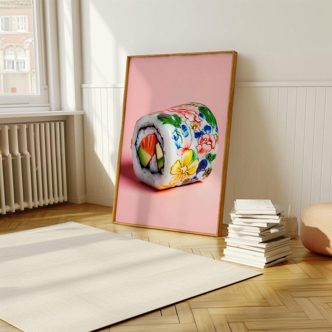 Floral Decorated Sushi Roll on Pink Background Quirky Art Poster - Image 5