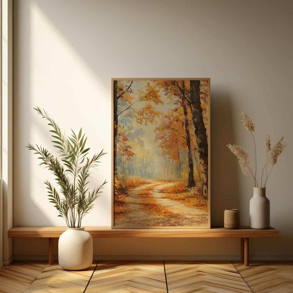 Golden Autumn Forest Path With Falling Leaves Oil Painting Poster - Image 3