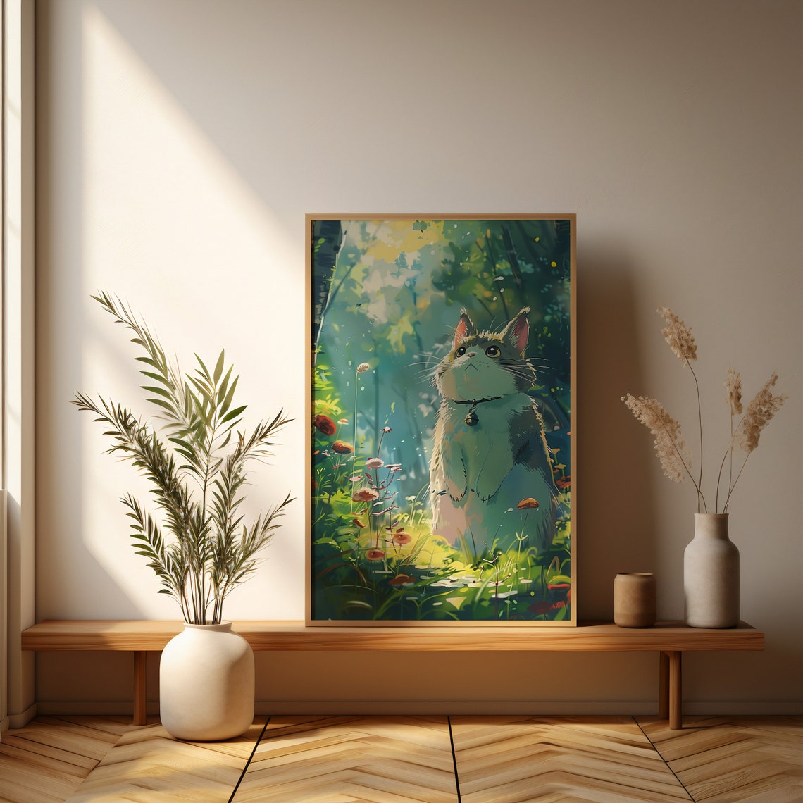 Tabby Cat With Bell Sitting in a Sunlit Forest Glade Art Poster - Image 2
