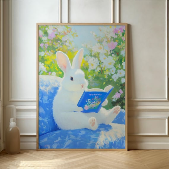 White Bunny Reading a Blue Book in a Pastel Flower Garden Poster