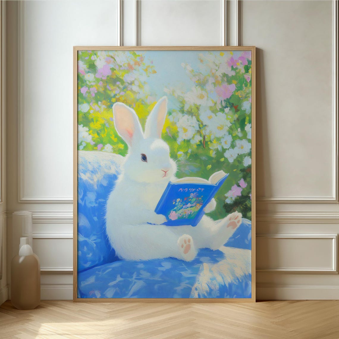 White Bunny Reading a Blue Book in a Pastel Flower Garden Poster