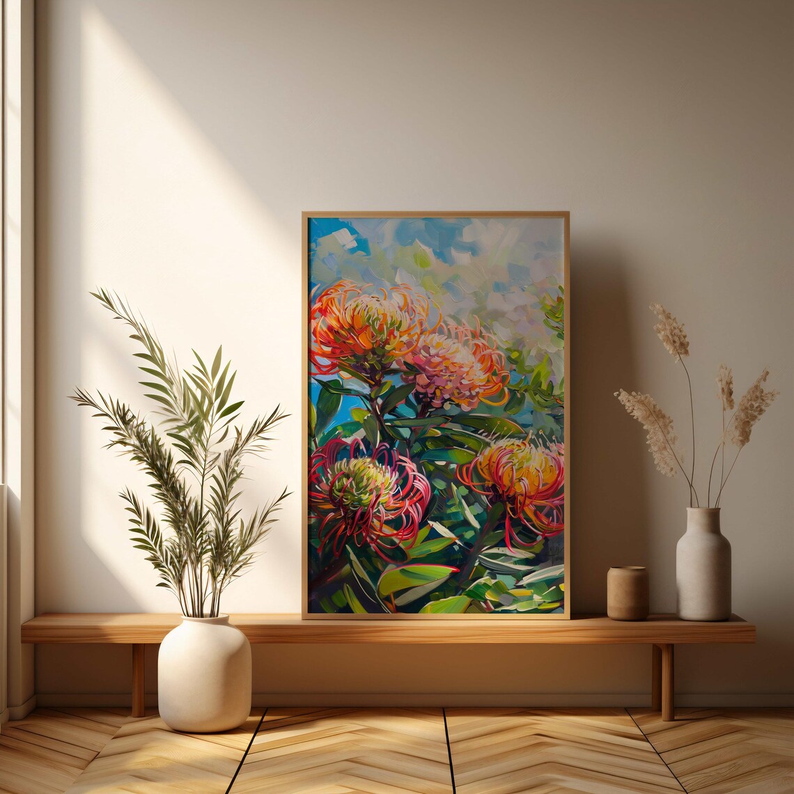 Sunlit Orange Pincushion Protea Impressionist Oil Painting Poster - Image 3