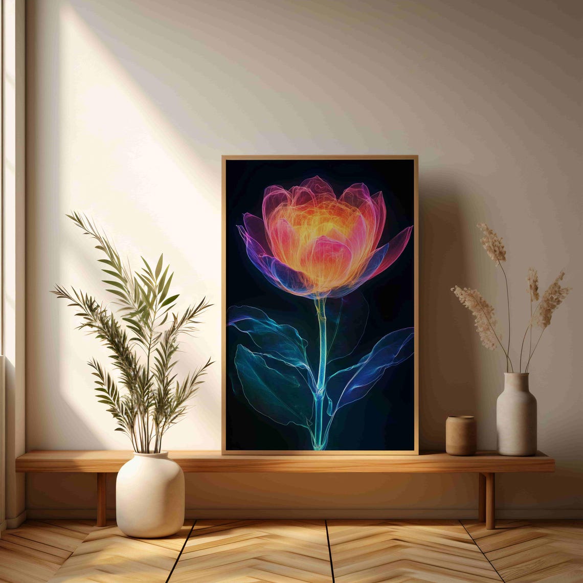 Glowing Neon Flower On Black Background Abstract Botanical Art Print - Image 3