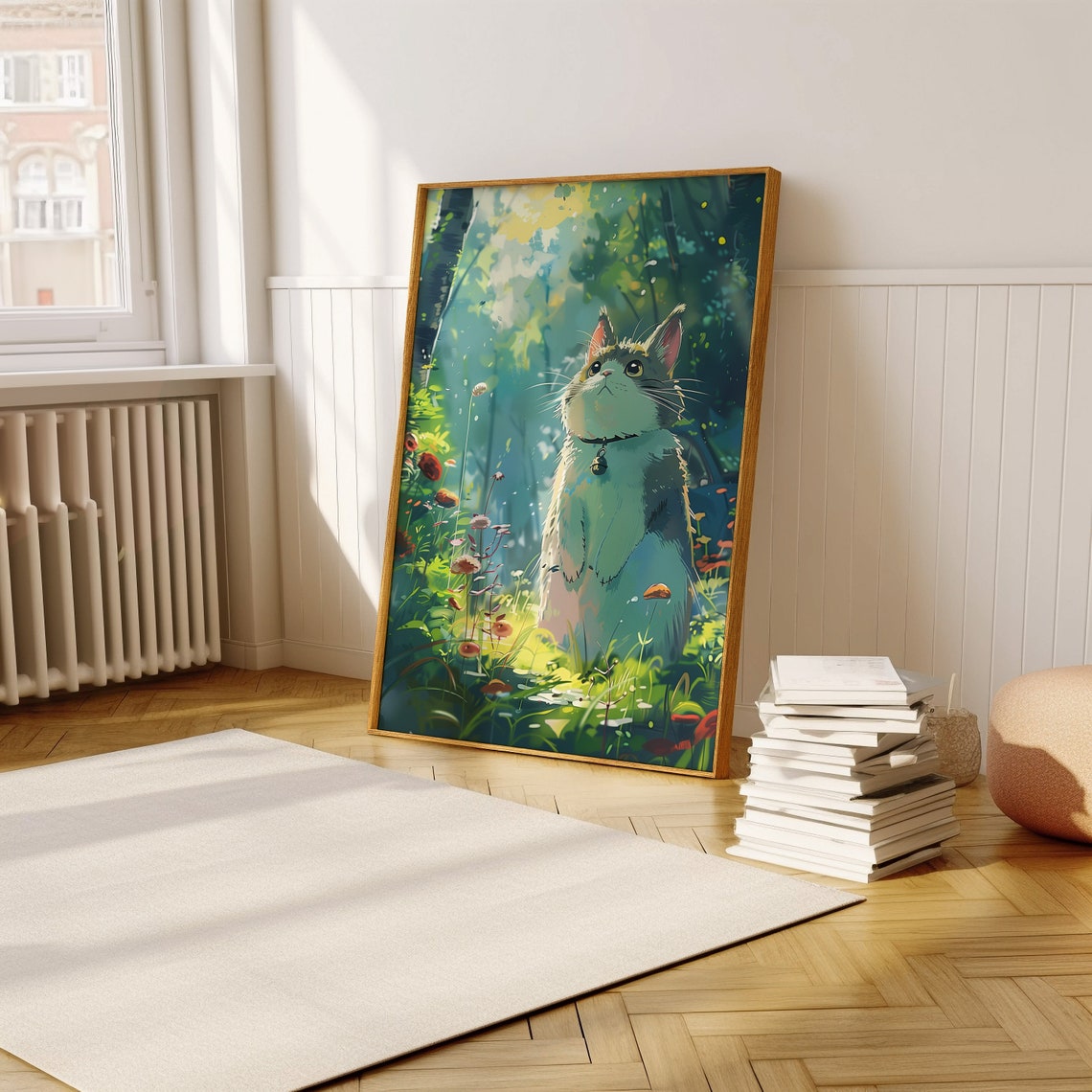 Tabby Cat With Bell Sitting in a Sunlit Forest Glade Art Poster - Image 5