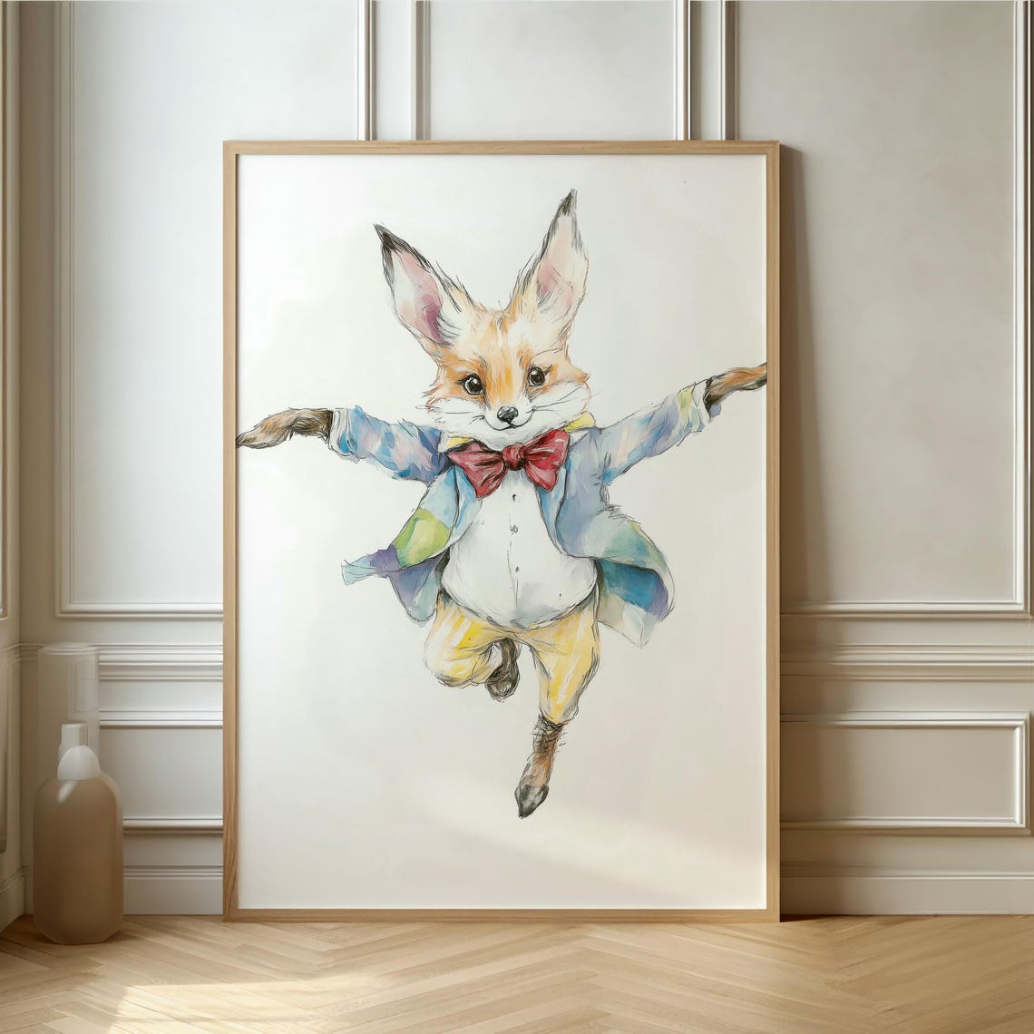 Gentleman Fox In Red Bow Tie Leaping Watercolor Animal Poster