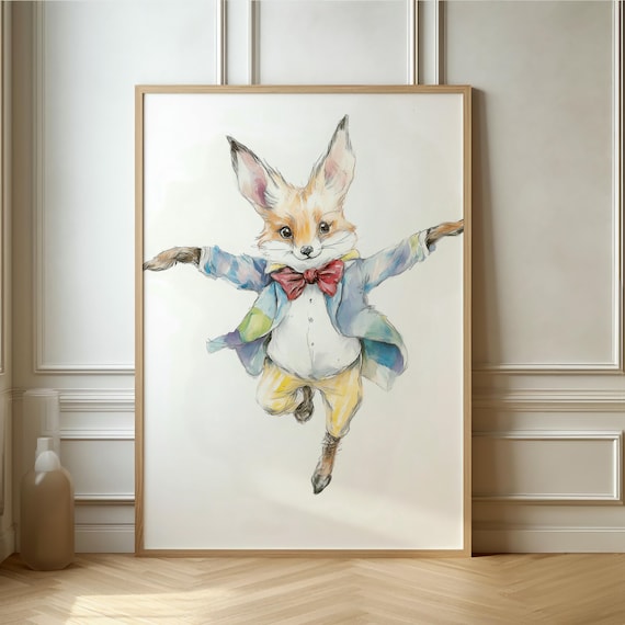 Gentleman Fox In Red Bow Tie Leaping Watercolor Animal Poster