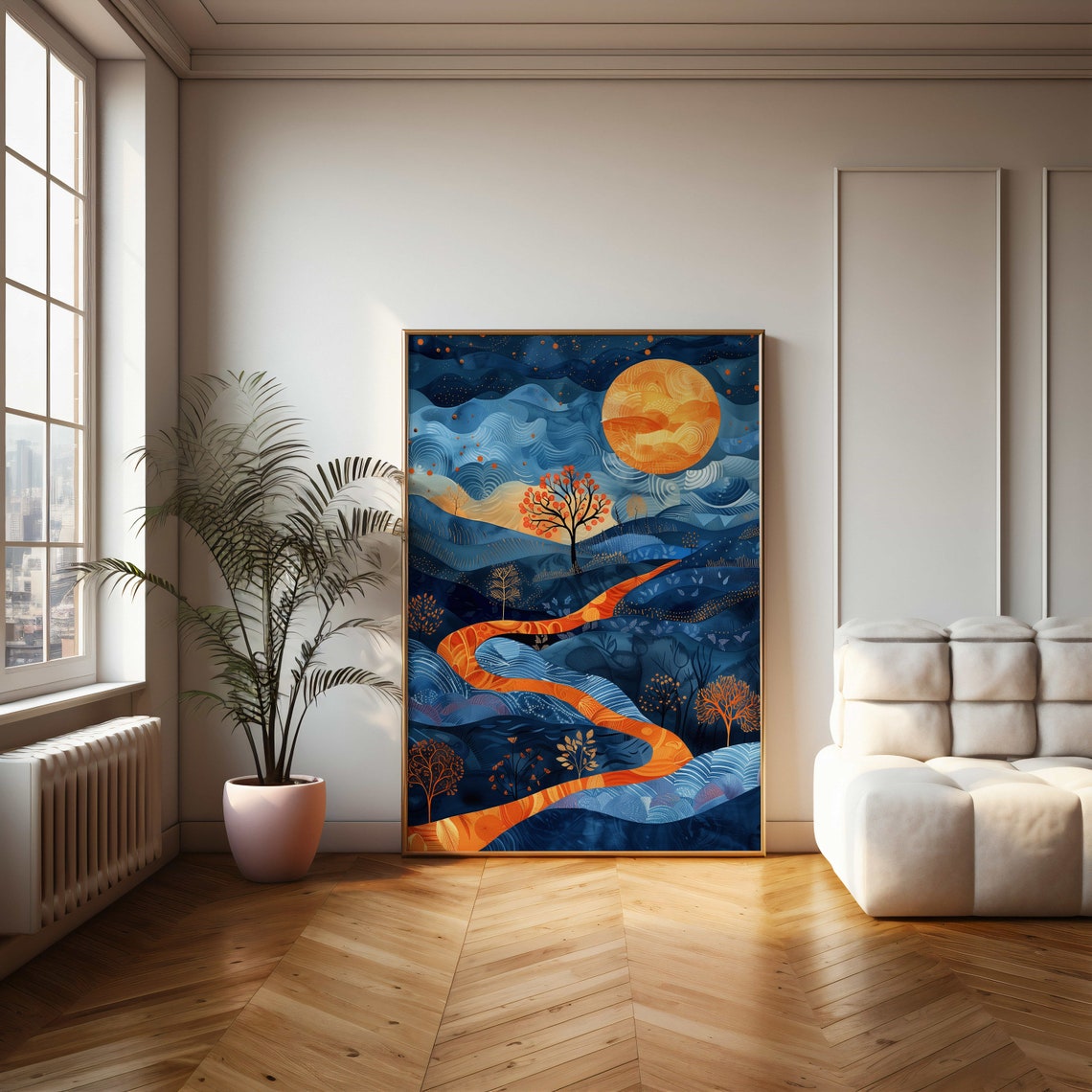 Moonlit Blue Hills with a Golden Winding Path Night Sky Poster - Image 2