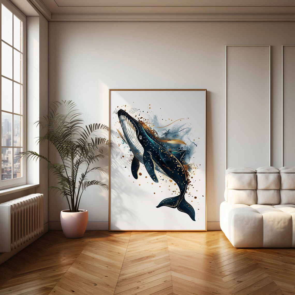 Humpback Whale Watercolor Art with Gold Splatter Detail Poster - Image 2