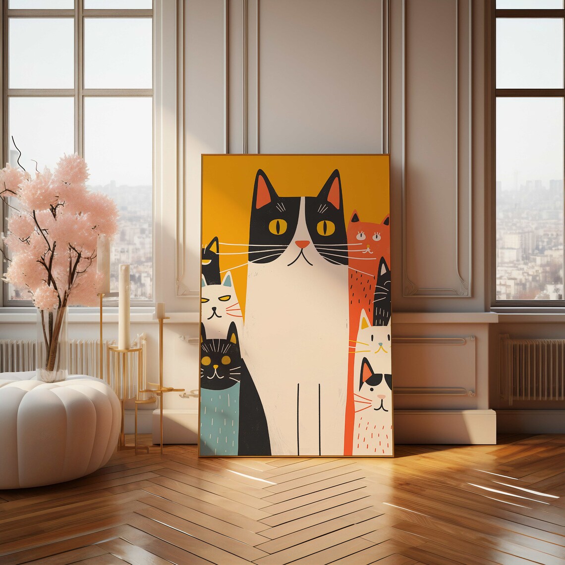 Cartoon Cat Family Group On Bright Yellow Background Art Poster - Image 4