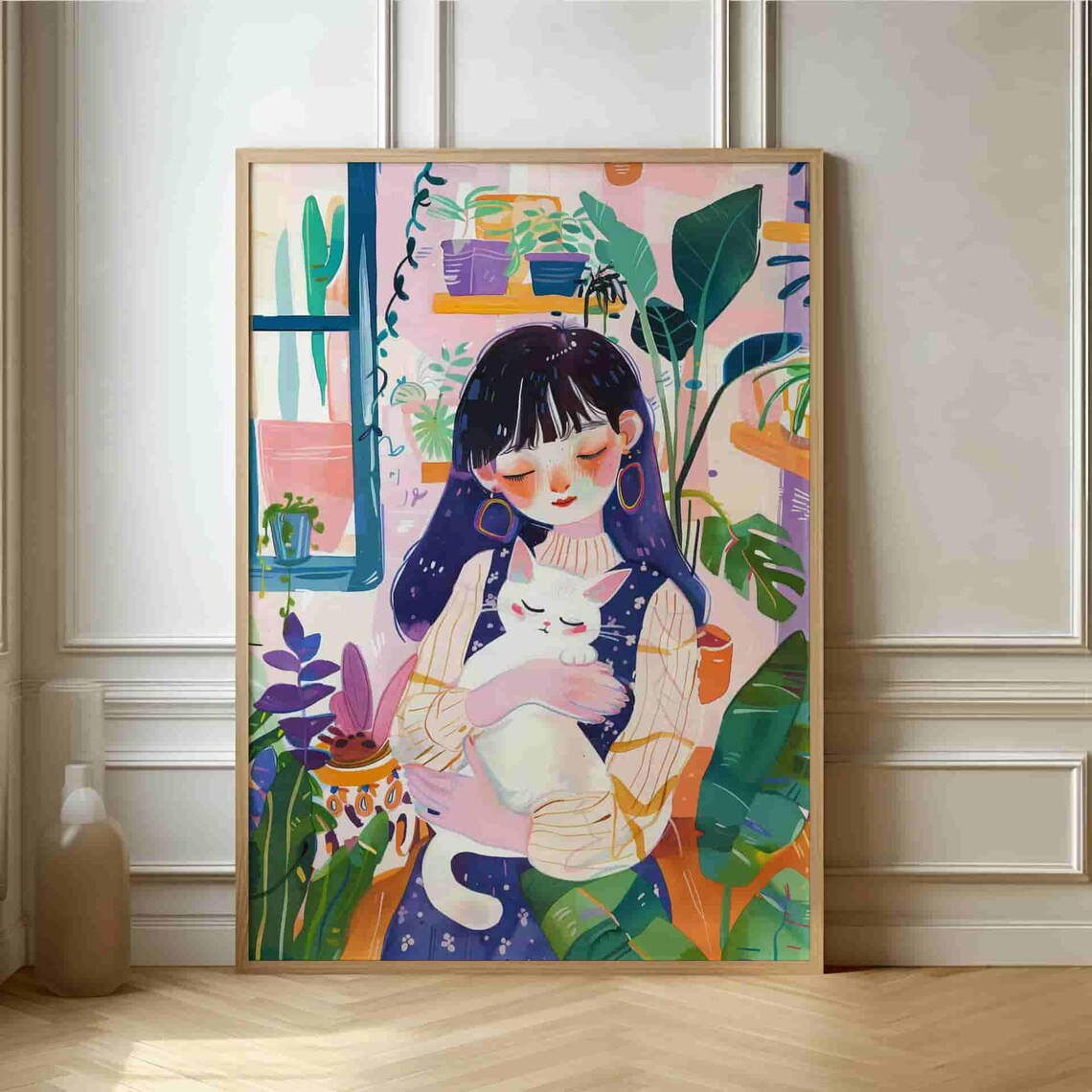 Cozy Illustration Girl Hugging White Cat With Plants Art Print