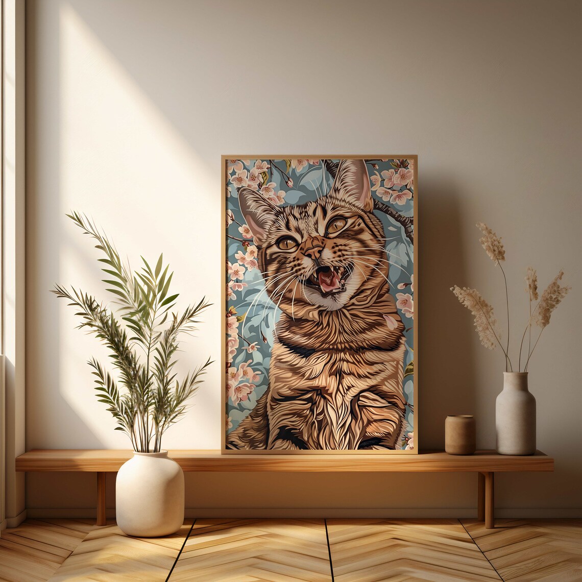 Playful Tabby Cat With Cherry Blossom Background Illustration Poster - Image 3