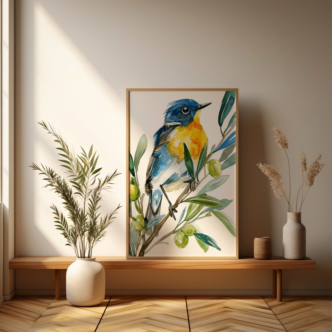 Blue and Yellow Songbird Perched on an Olive Branch Art Poster - Image 3