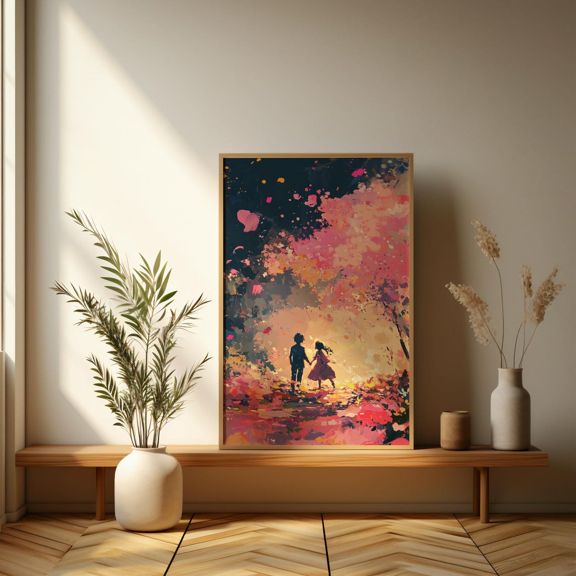 Lovers Walking Under Cherry Blossoms Romantic Sunset Art Poster - Image 3