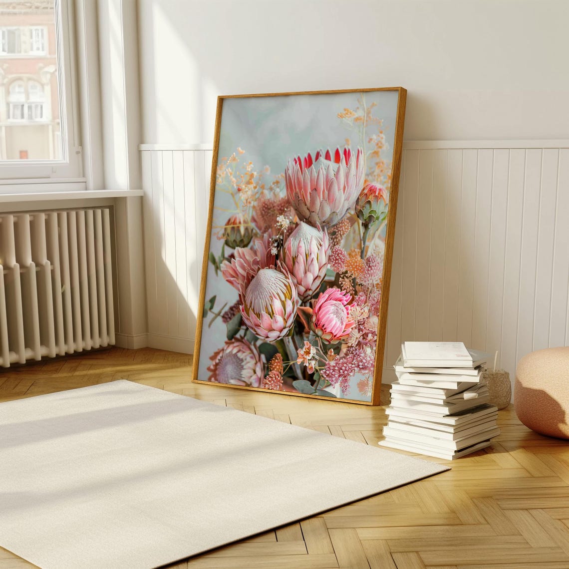 Lush Pink King Protea Floral Arrangement Romantic Modern Art Print - Image 5