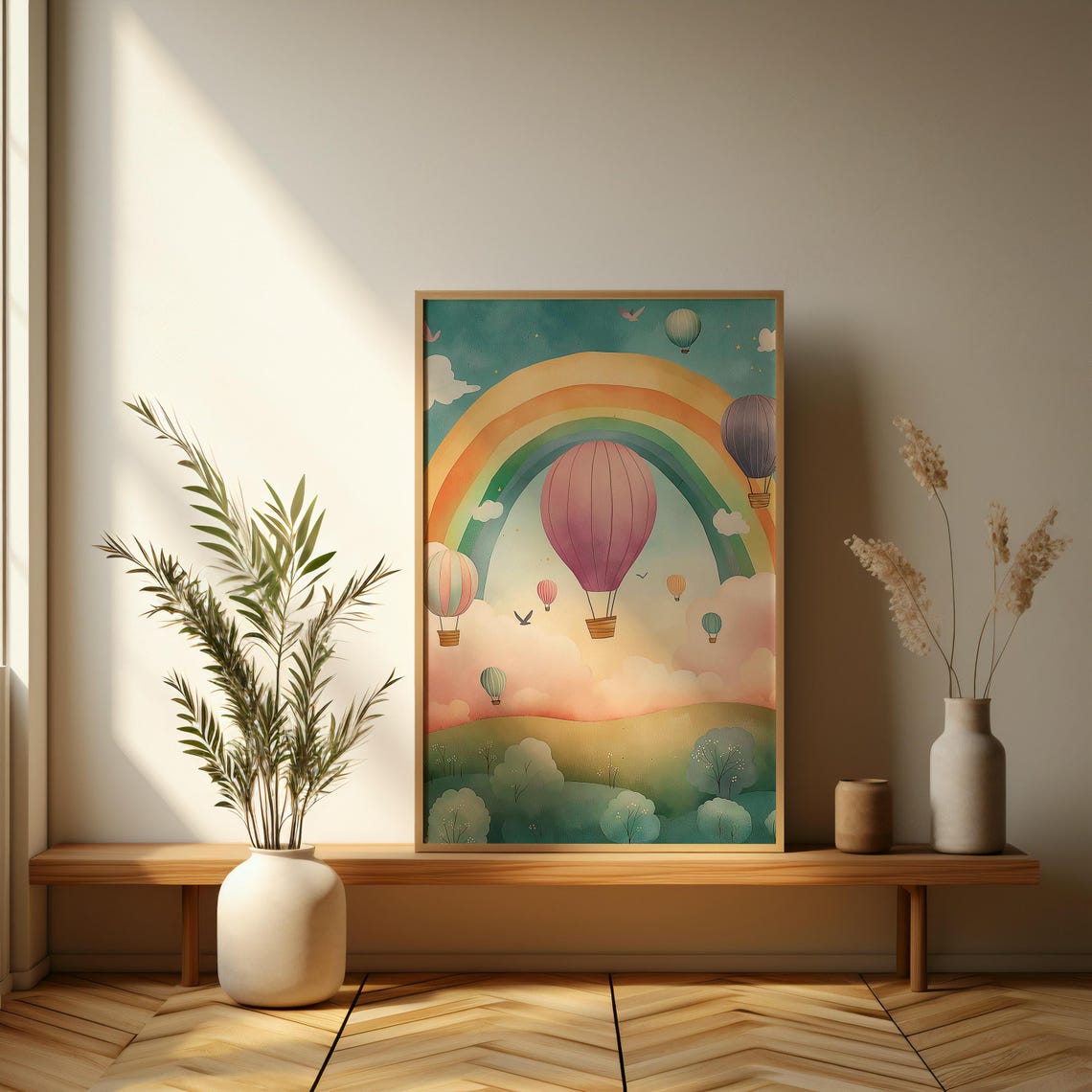 Rainbow Sky Hot Air Balloons Whimsical Pastel Nursery Poster - Image 3