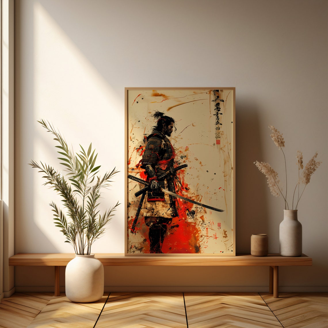 Samurai Warrior With Katana in Red and Black Ink Splash Art Poster - Image 3