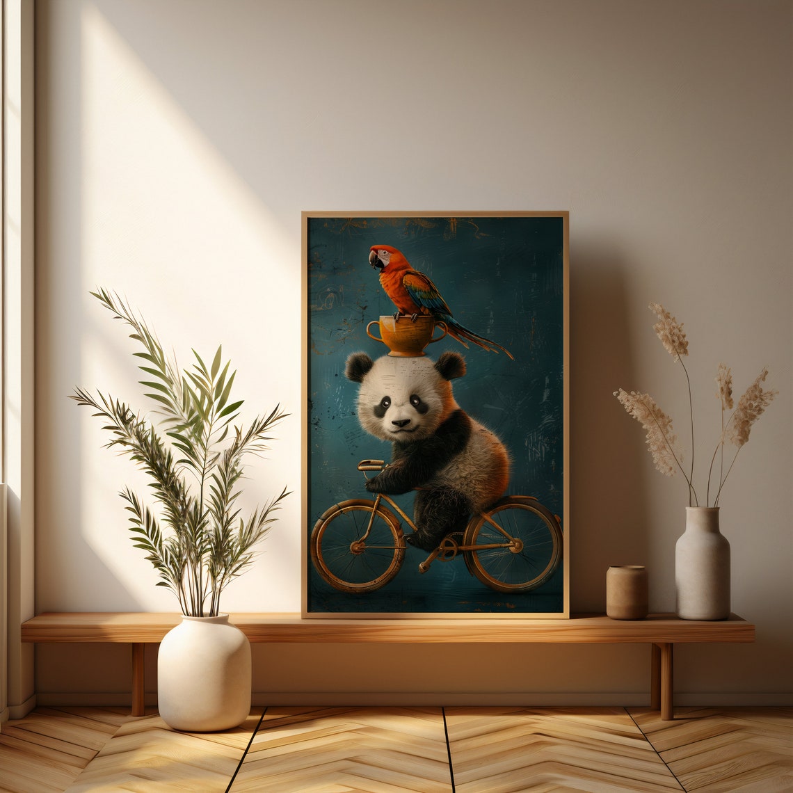 Panda Riding a Bicycle With Parrot on Its Head Whimsical Poster - Image 3