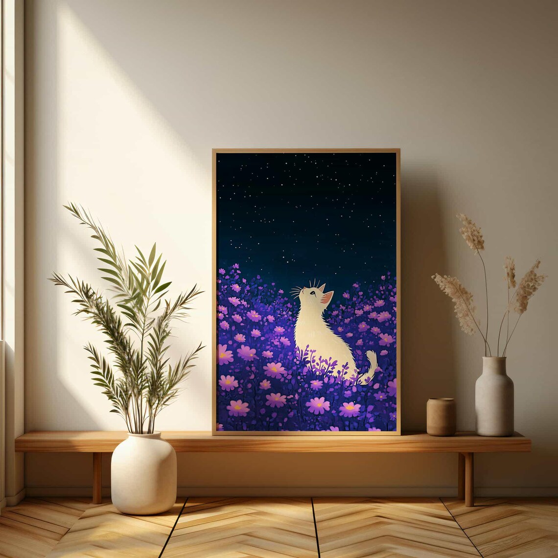 Whimsical Cat and Stars Poster, Floral Art Print - Image 3