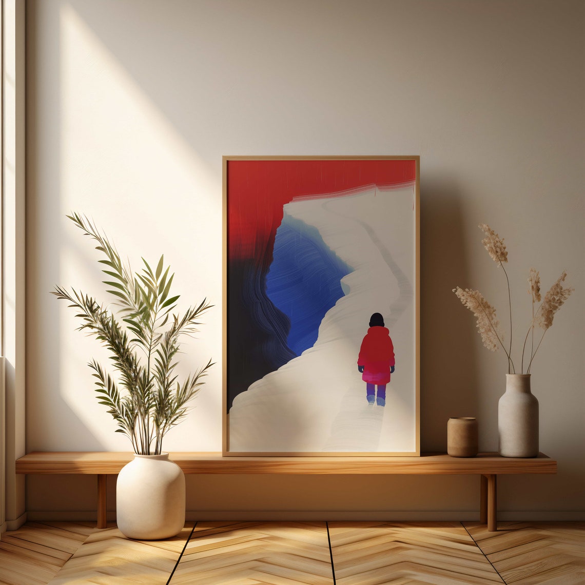 Child In Red Coat Walking Snowy White Dune Landscape Art Poster - Image 3