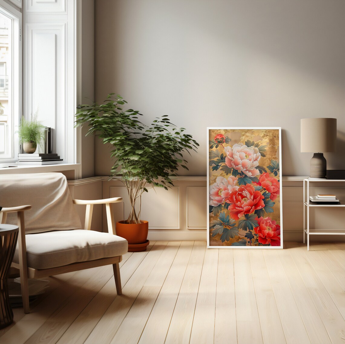 Red and Pink Peonies on a Gold Leaf Background Floral Art Poster - Image 4