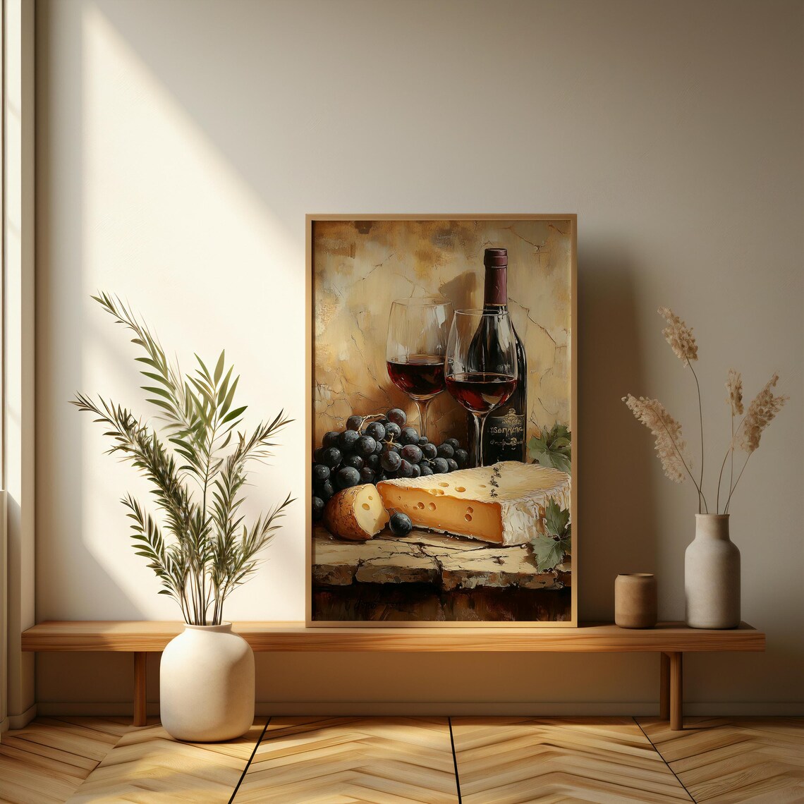 Red Wine Brie Cheese and Grapes Still Life Oil Painting Poster - Image 3