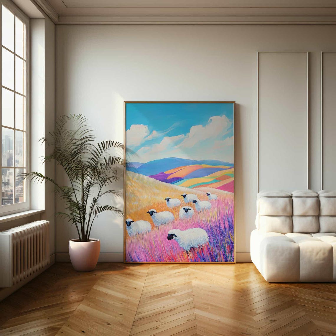 Whimsical Sheep in Colorful Rainbow Meadow Pastel Painting Poster - Image 2