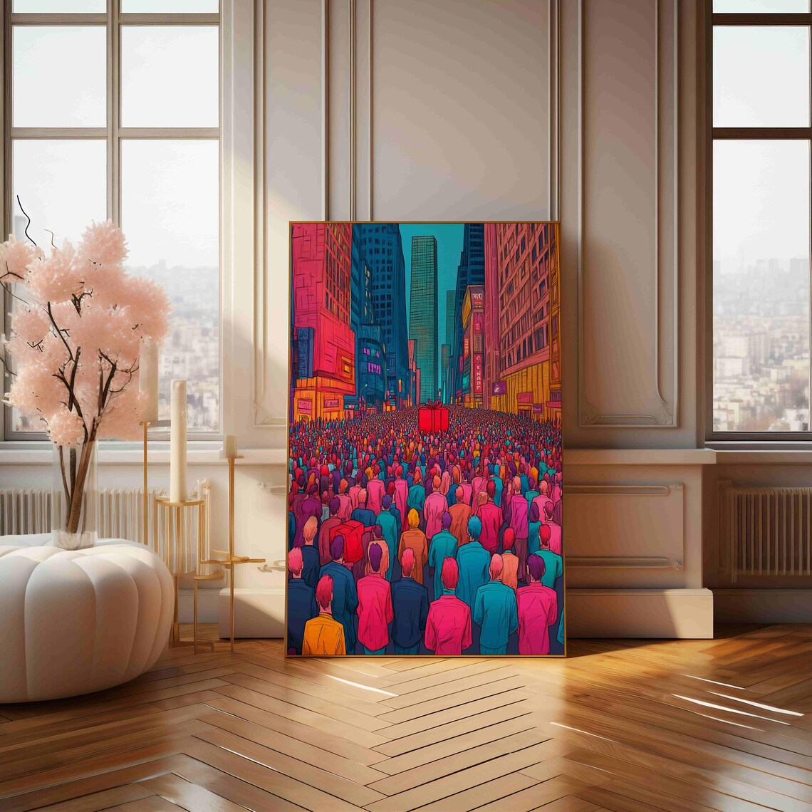 Vibrant Pop Art City Street Crowd Neon Colors Illustration Poster - Image 4